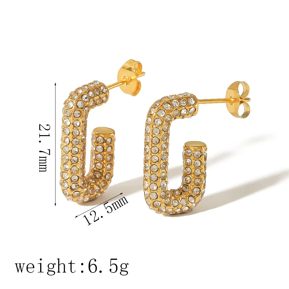 1 Pair Luxurious Retro Style Shiny U Shape Stainless Steel 18K Gold Plated Inlay Full Rhinestones Women's Hoop Earrings h5 Picture2